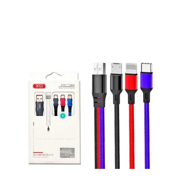 CORDON USB XO NB143 3EN1 USB-A /LIGHTNING + USB-C + MICRO USB 2.4A